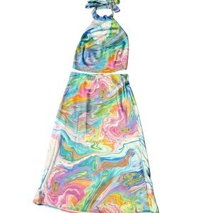 Sigrid Olsen Multicolor Marble Print Halter Top & Midi Skirt Set Retro Boho